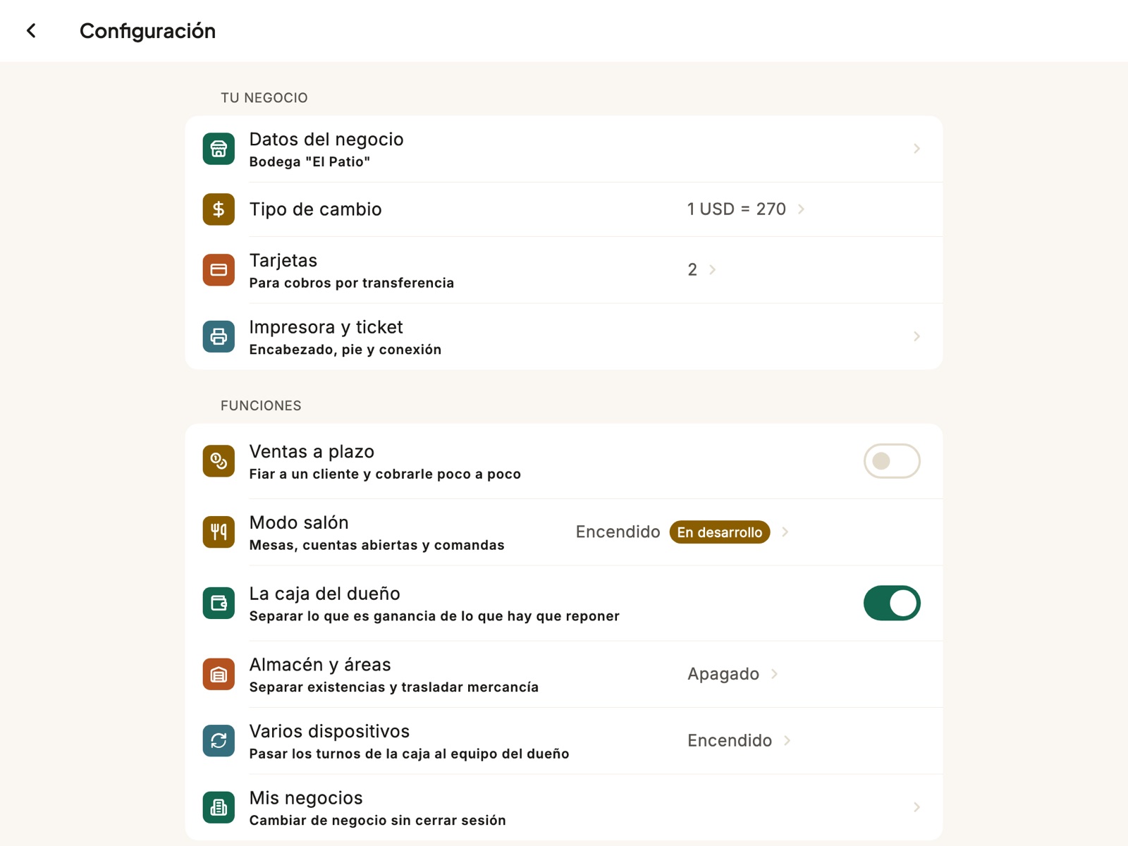 La pantalla de configuración