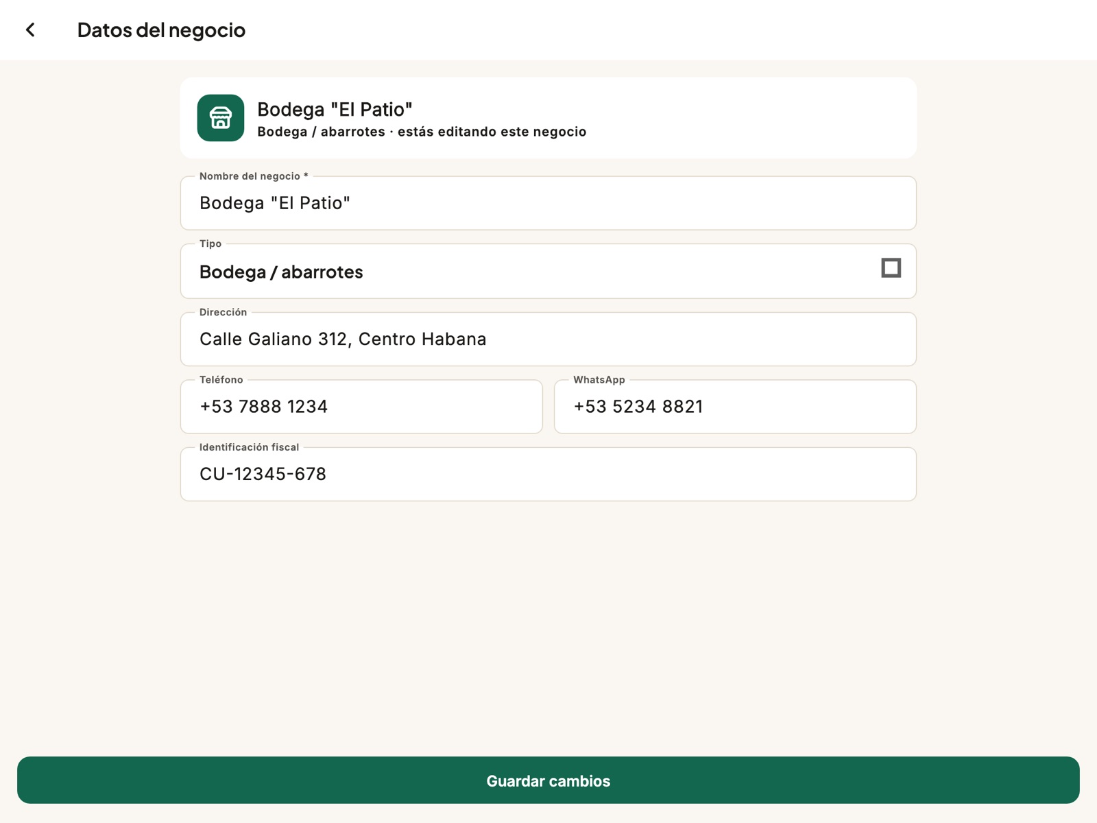 Los datos del negocio