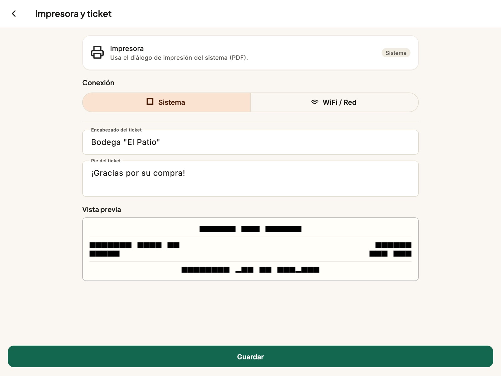 La configuración de la impresora y el ticket