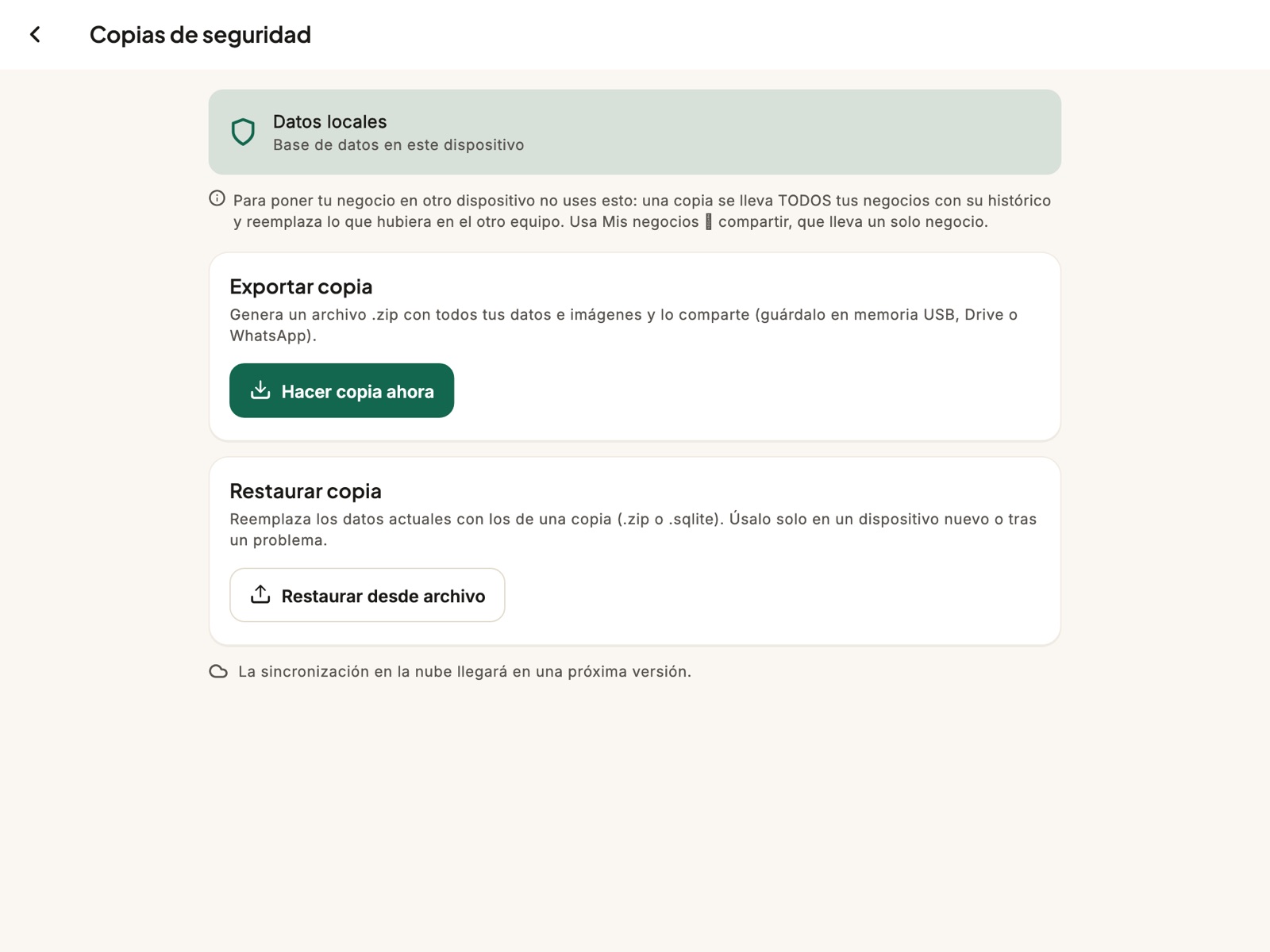 La pantalla de copias de seguridad