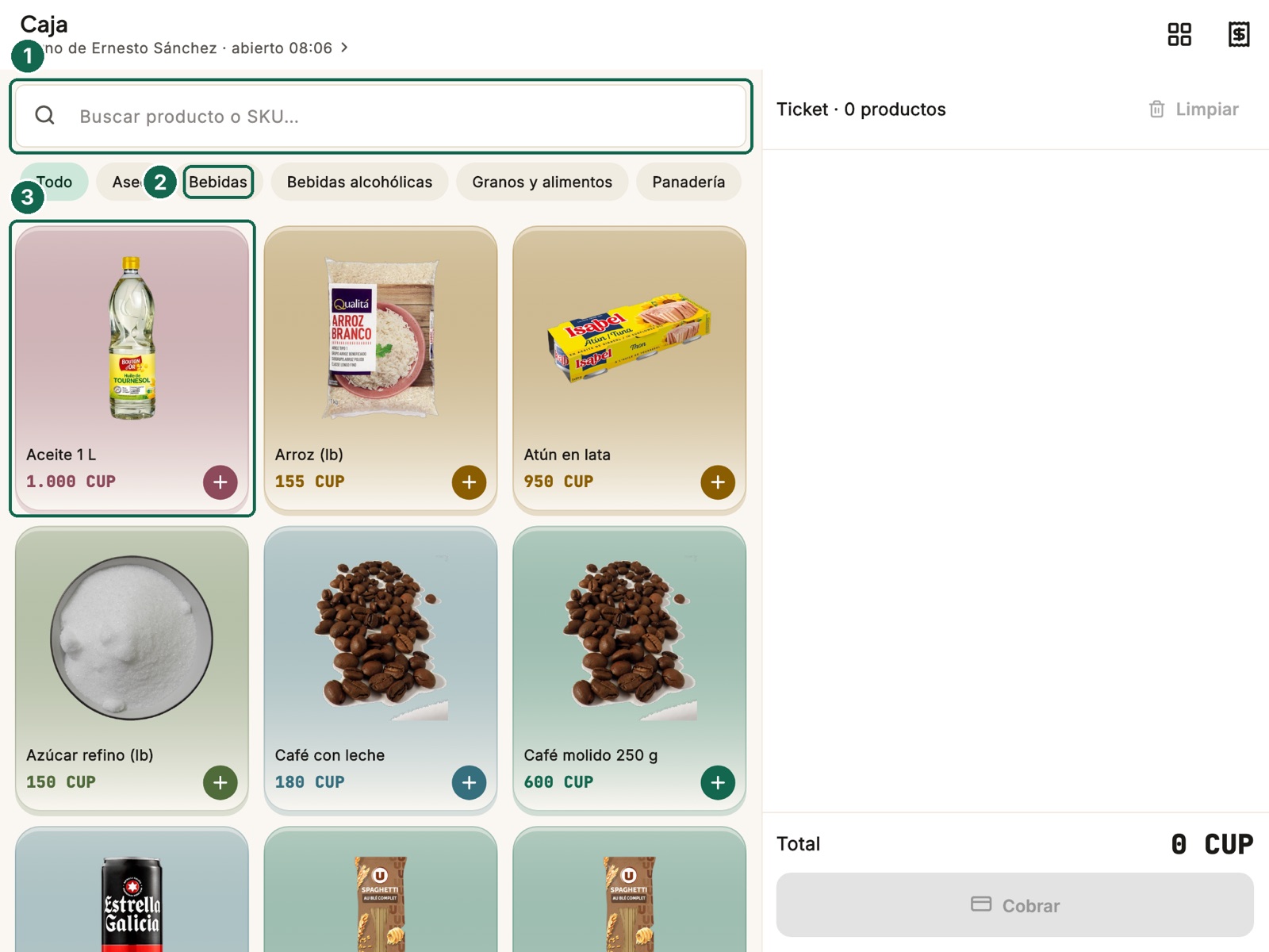 La pantalla de la caja, con los productos