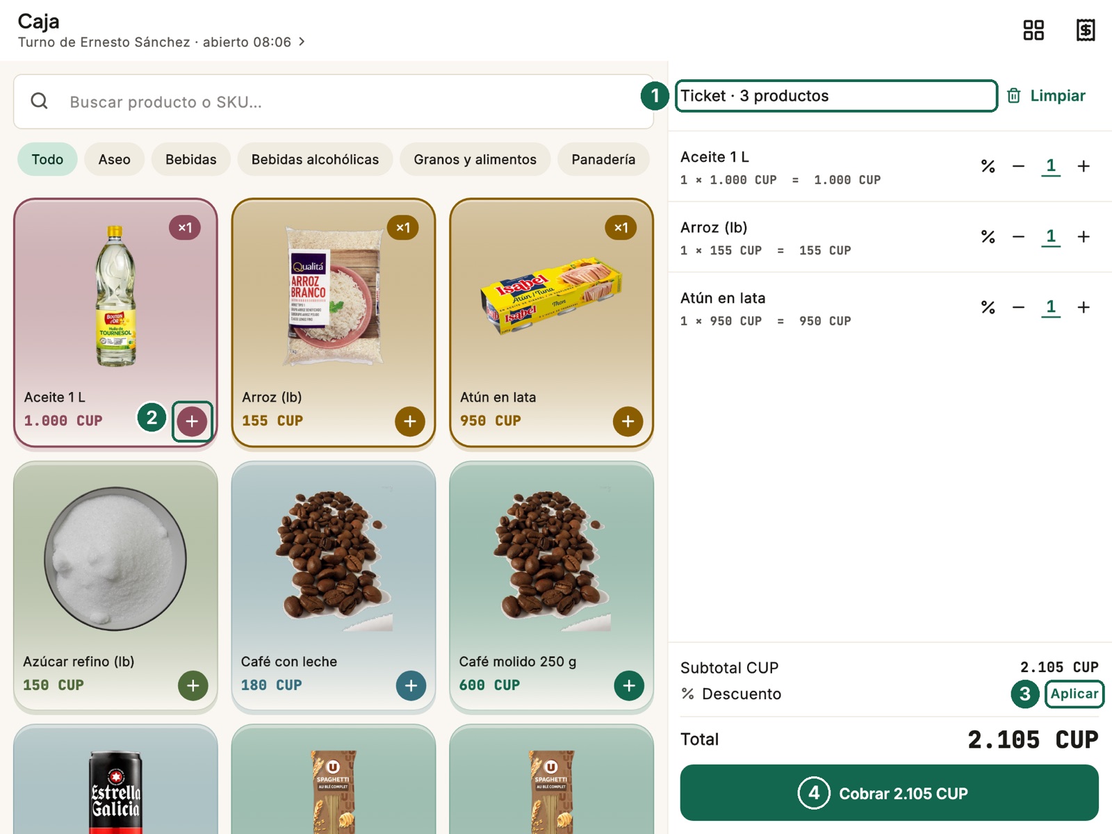 La caja con tres productos puestos en el ticket