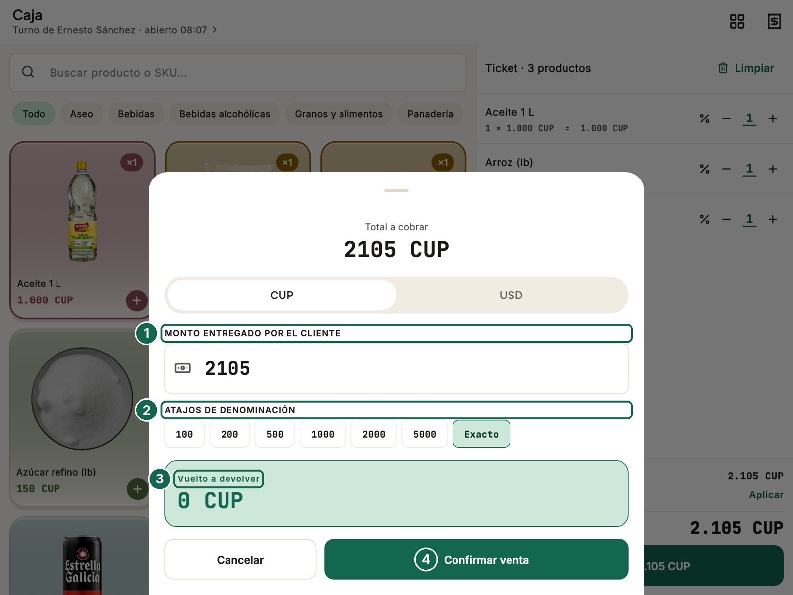 La pantalla de cobro en efectivo, con el vuelto