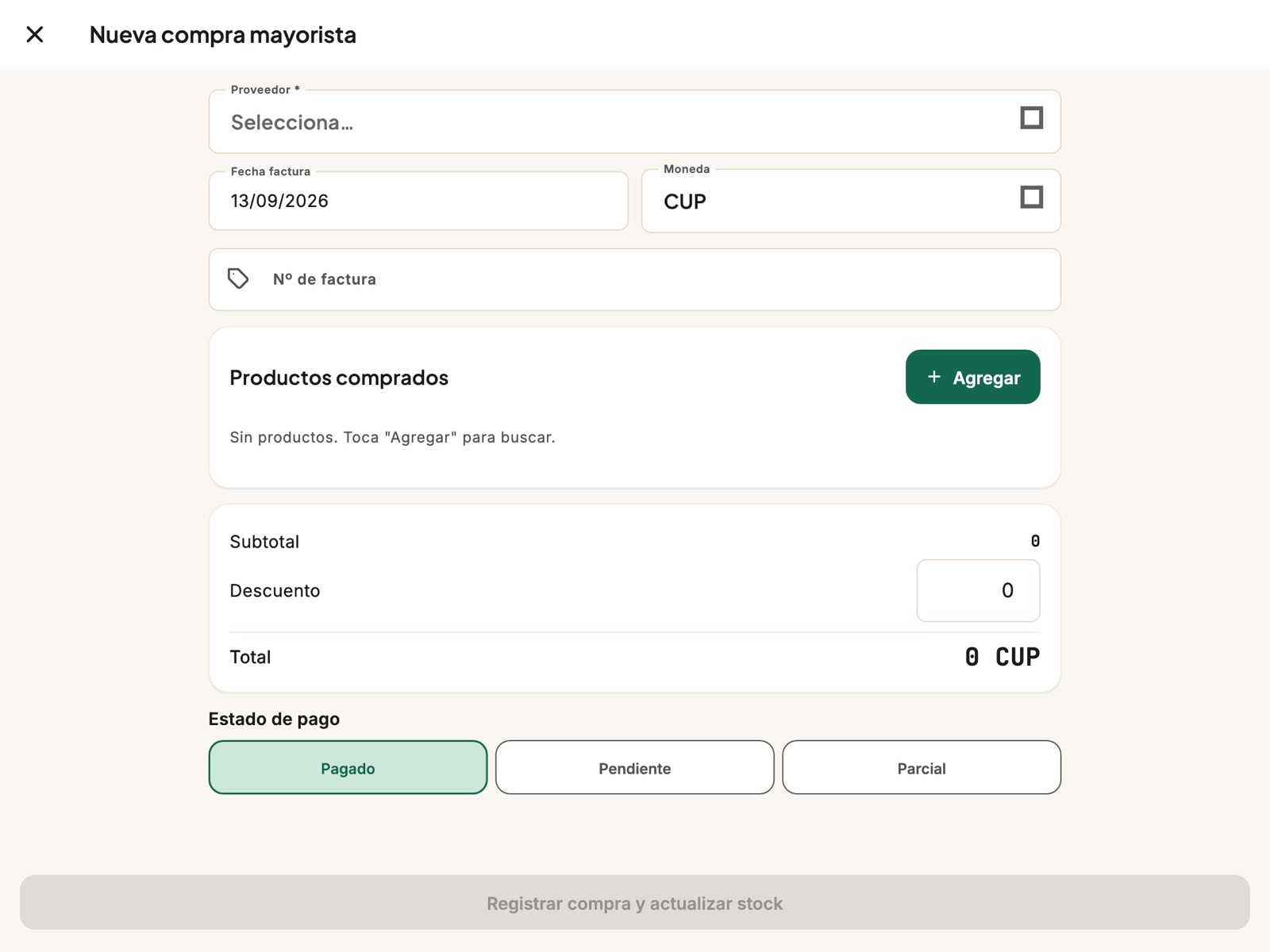 El formulario de una compra nueva