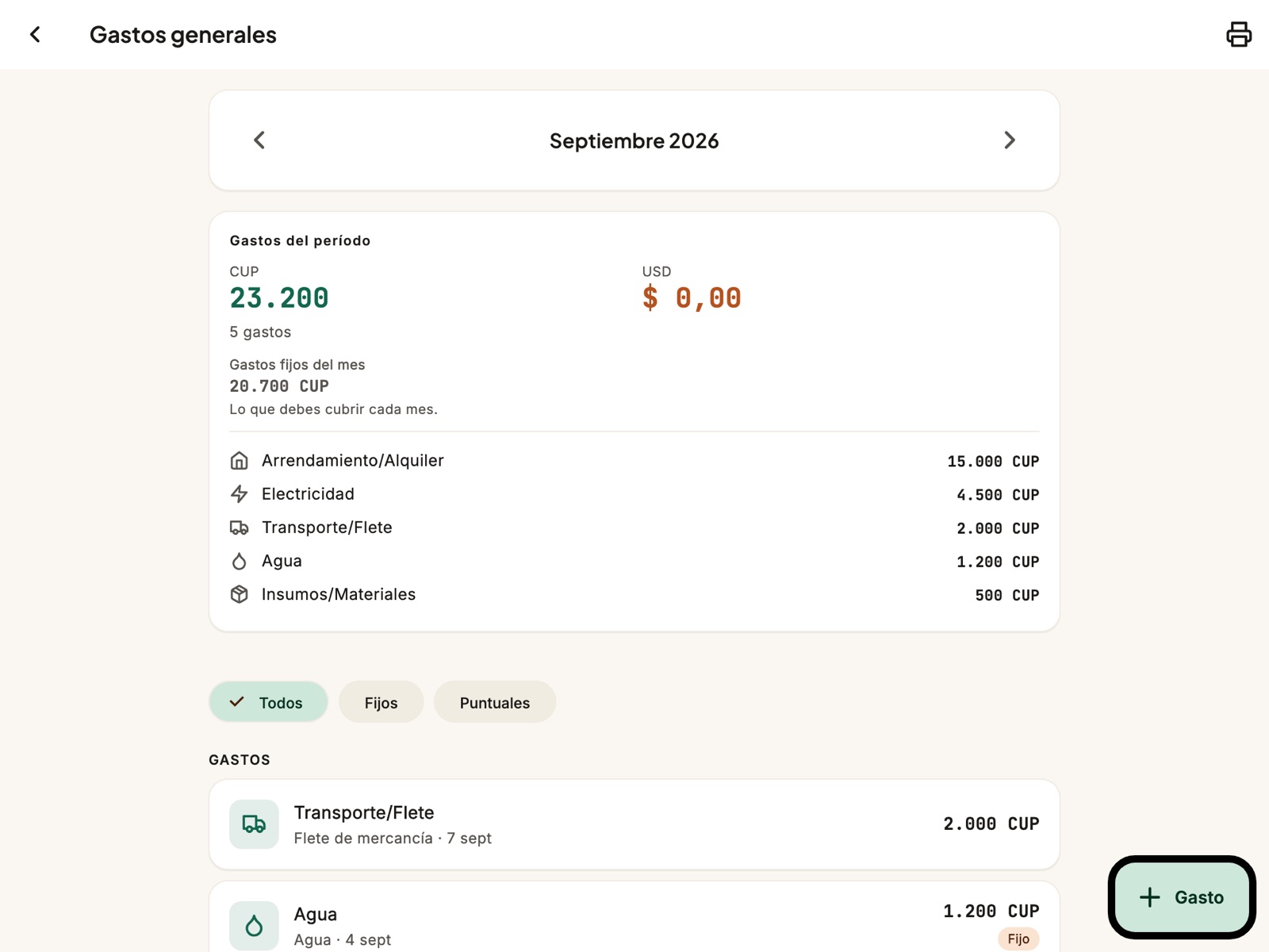 La lista de gastos