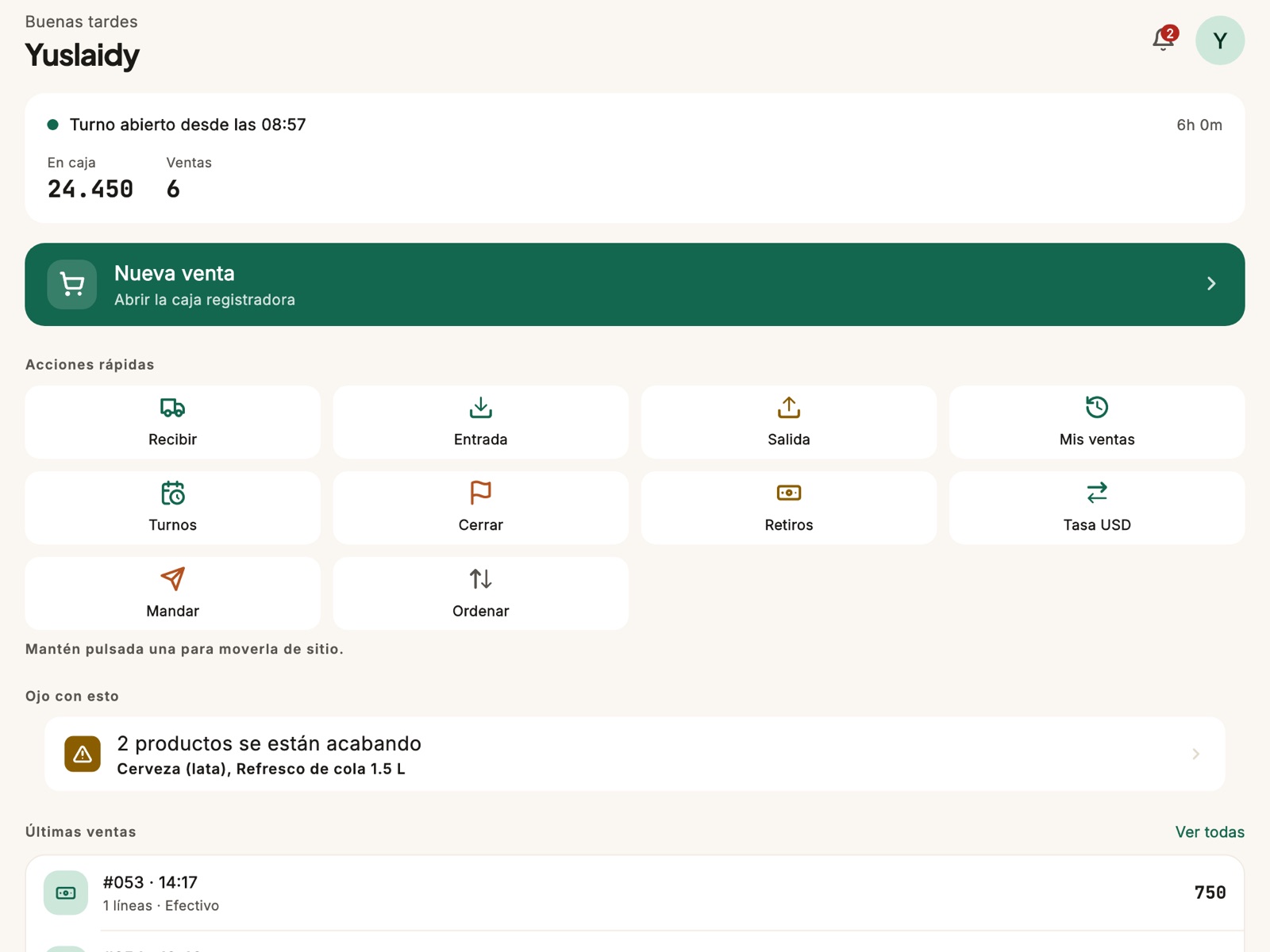 La pantalla de inicio del dependiente