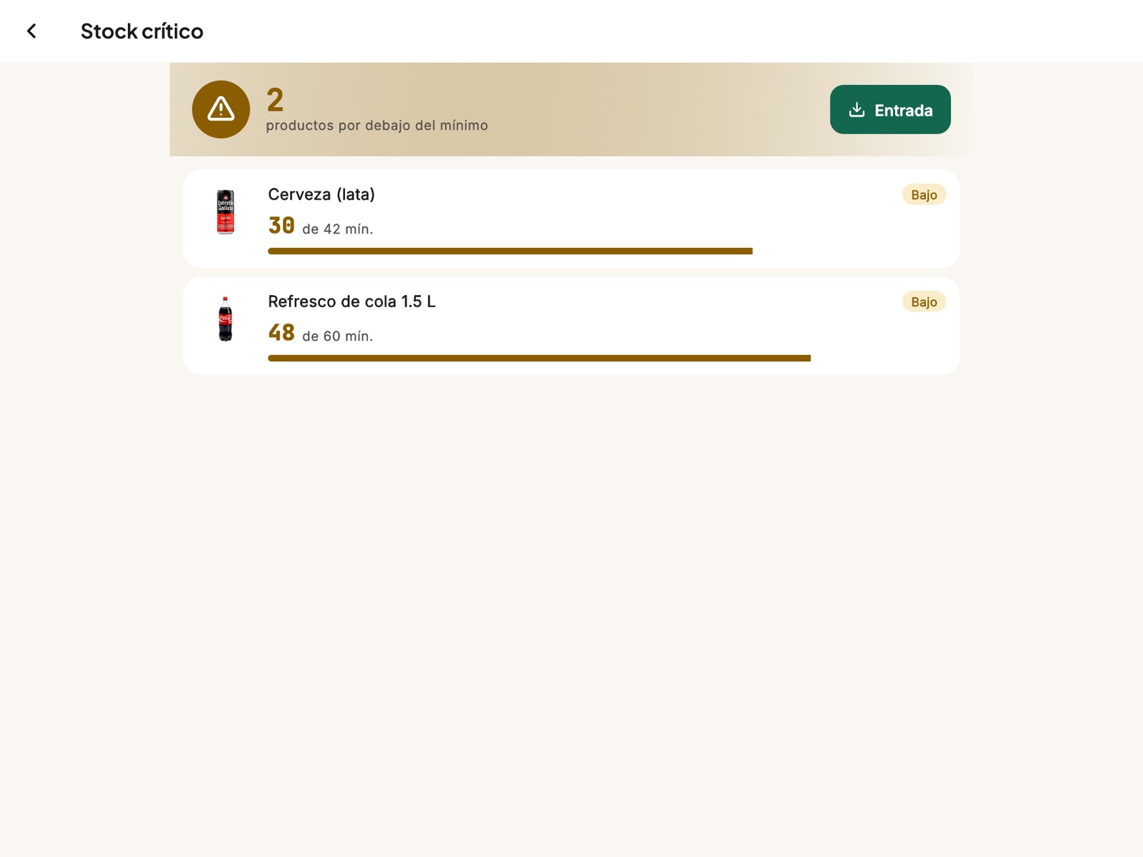 La lista de productos con poco stock