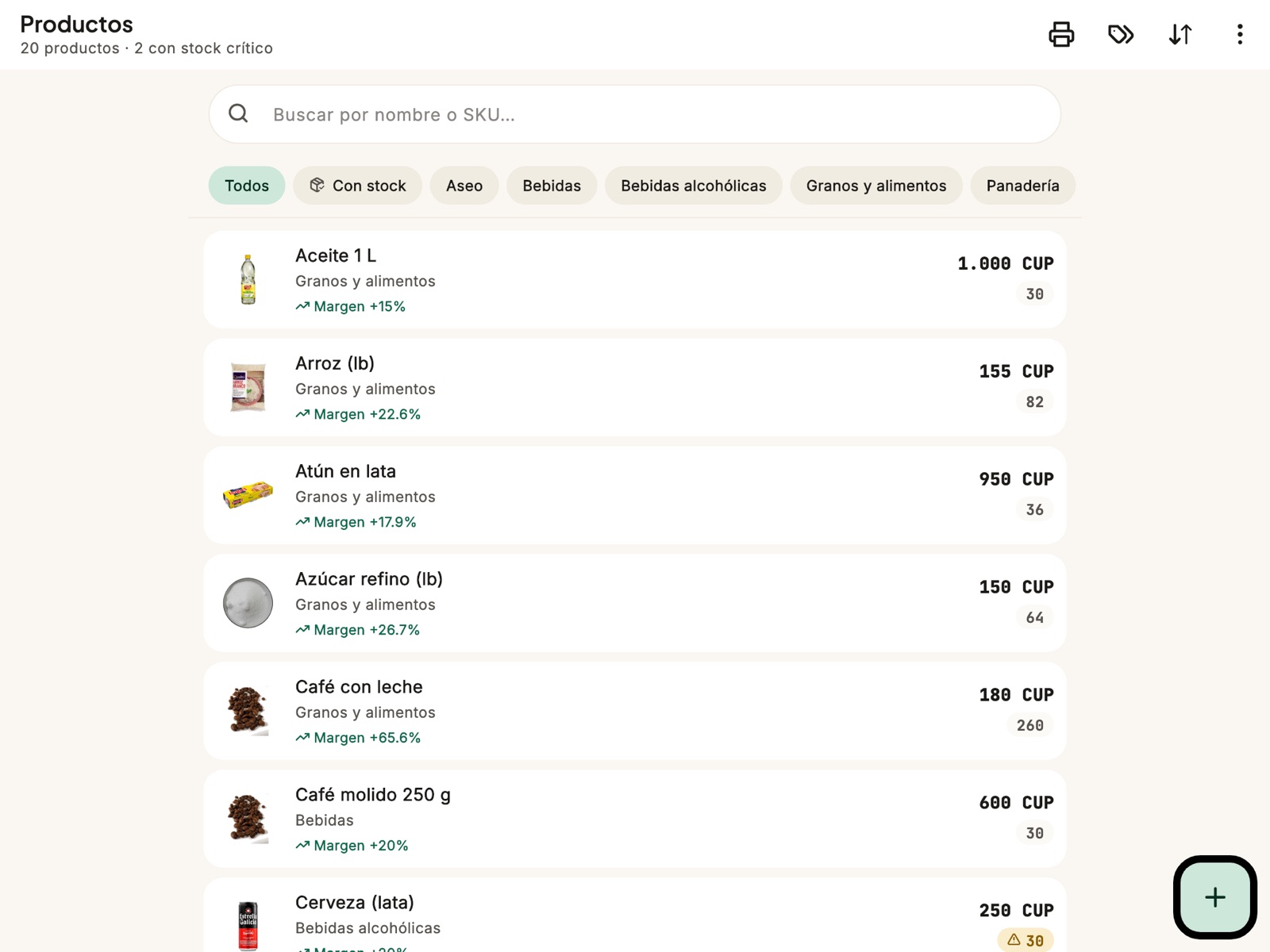 La lista de productos