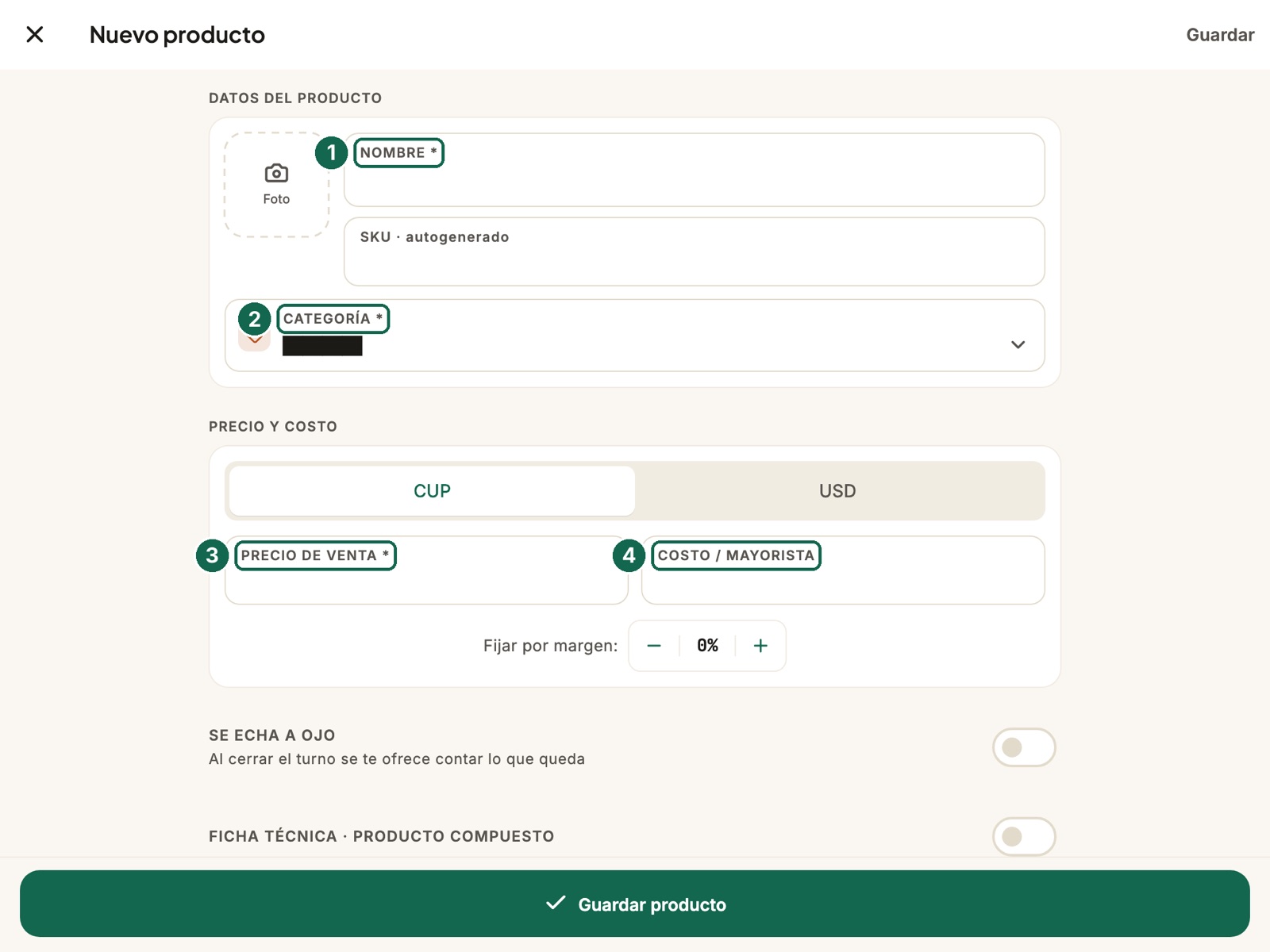 El formulario de un producto nuevo