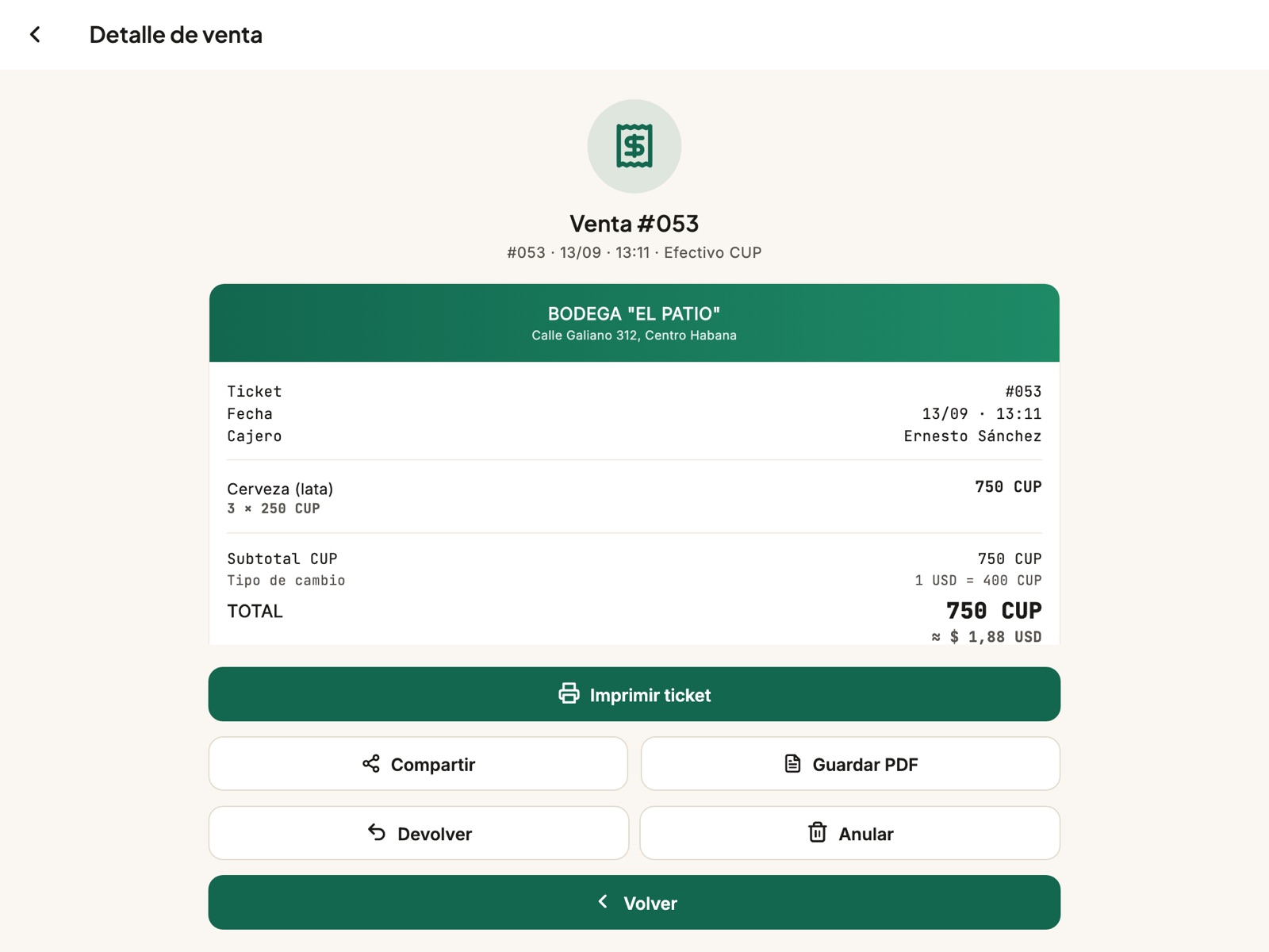 El ticket de una venta terminada